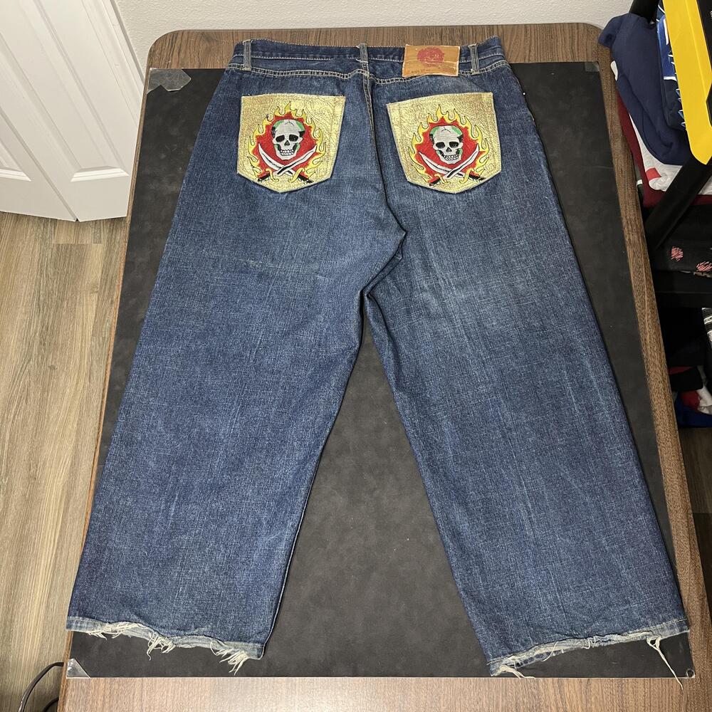 Ed Hardy Jeans Christian Audgier Jewel Denim Skull Flame Baggy JNCO Y2K Wide Leg